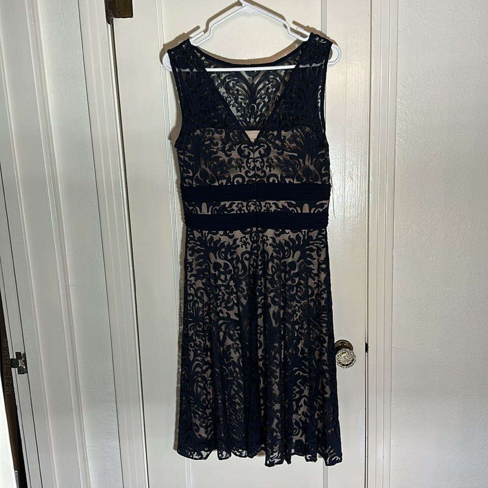 Navy Lace Fit & Flare Dress - Elegant Sleeveless Design - Picture 3 of 5